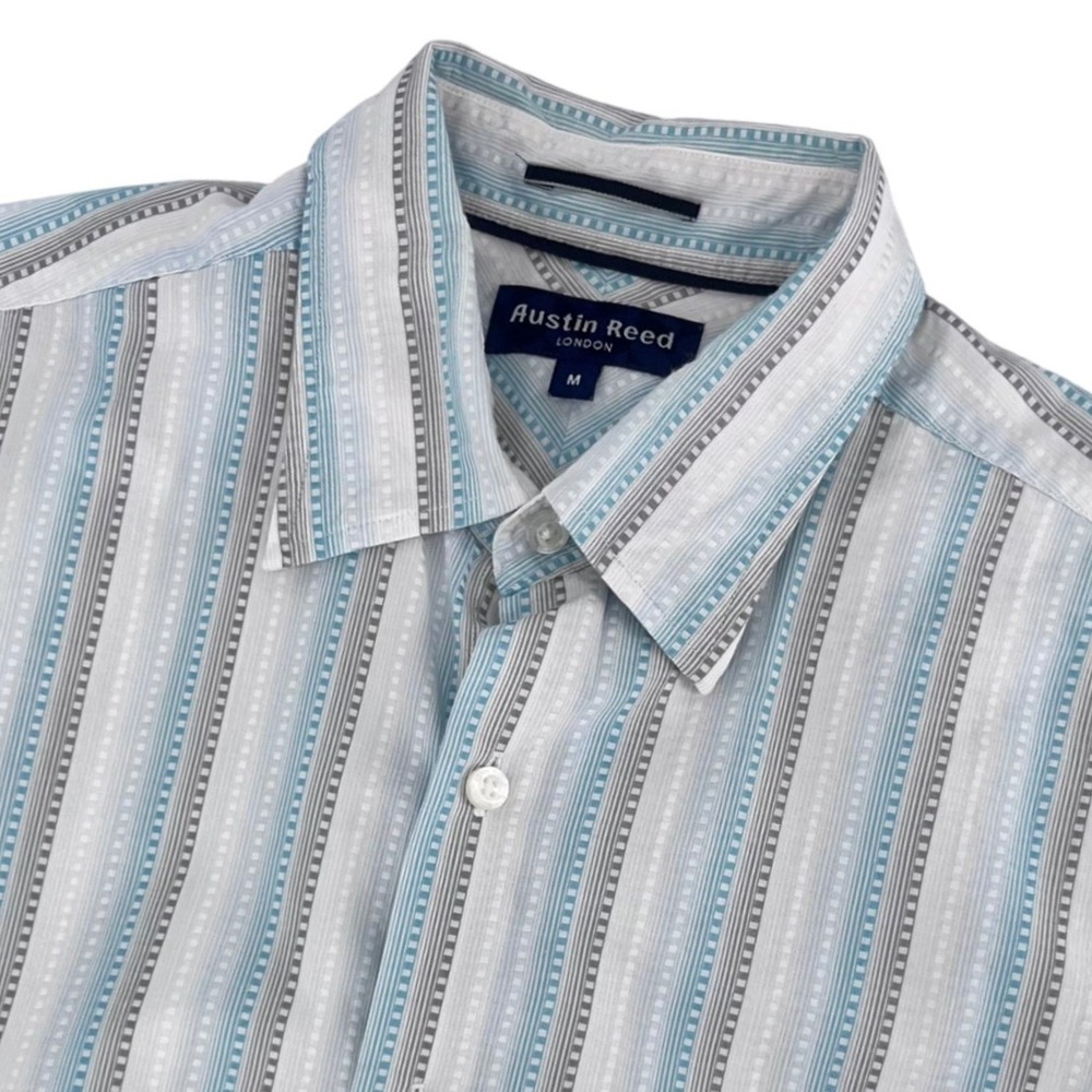Austin‎ Reed Button Down Shirt Mens Medium Blue Grey White Striped Short Sleeve